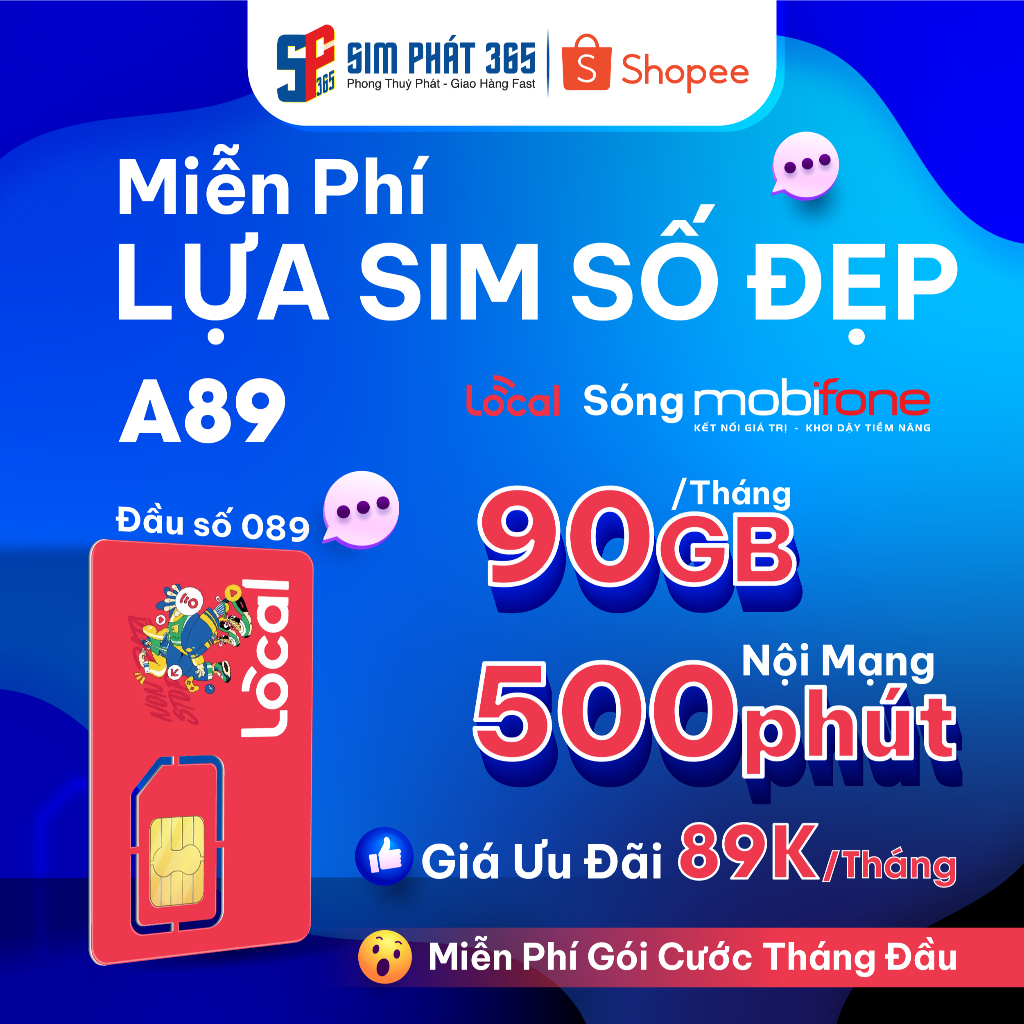A89 - Sim 4G/5G Local Mobifone - 90GB/Tháng- 500p gọi nội mạng - Miễn Phí Tháng Đầu - 89K/Tháng