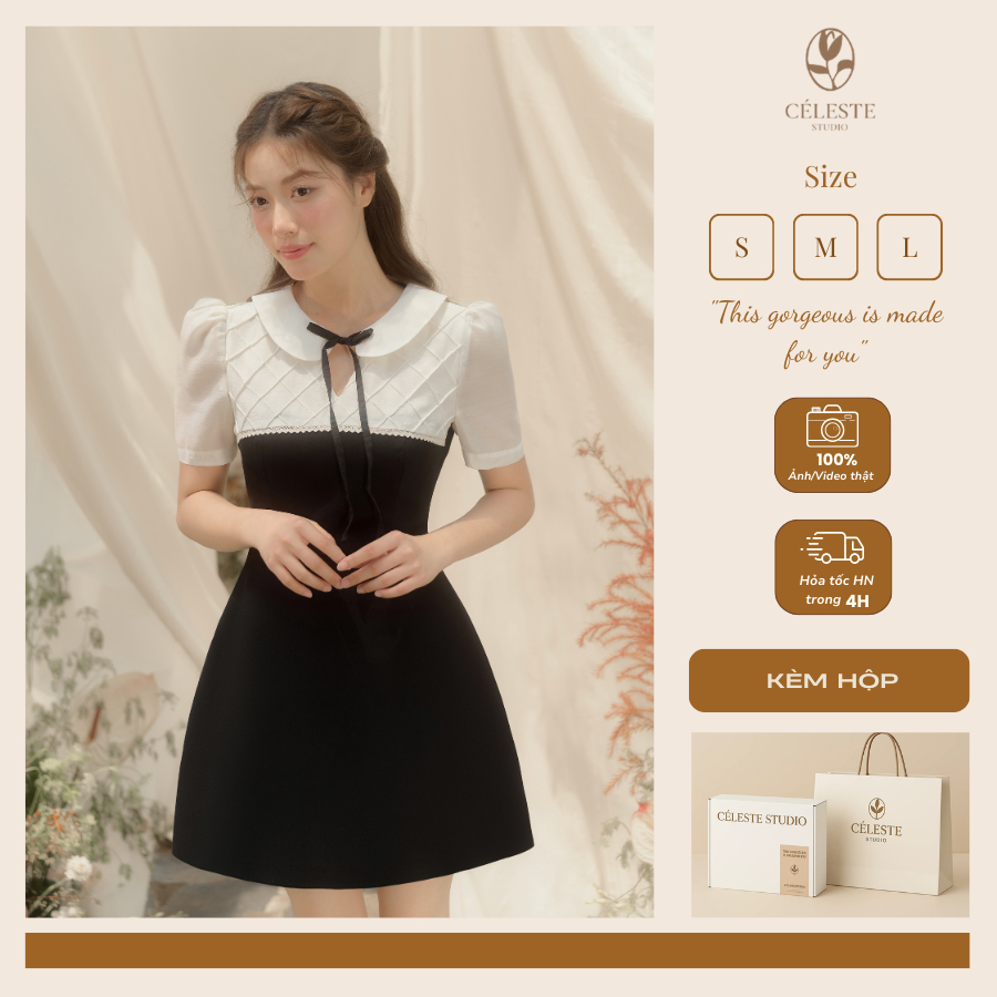 CÉLESTE - Váy Đầm Đen Cổ Sen Viviant Dress Phối Nơ Nhỏ Điệu Đà Thanh Lịch