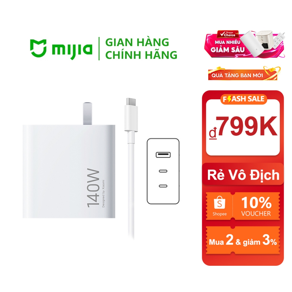 Bộ Sạc GaN 3 Cổng 140W Xiaomi - Siêu Nhanh, Đa Năng, Sạc nhanh nhất cho laptop, iPhone, Android