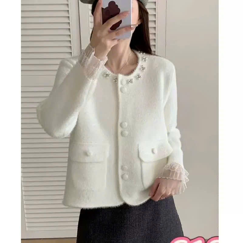 [SẴN] Áo khoác cardigan len lông thỏ tay dài phối ren tiểu thư, Áo khoác len cài cúc có túi cổ tròn  - 128 | BigBuy360 - bigbuy360.vn