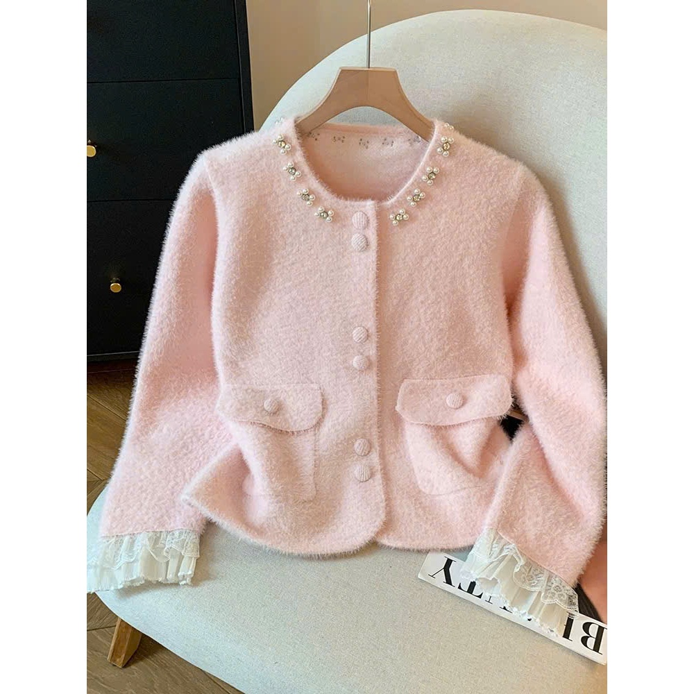 [SẴN] Áo khoác cardigan len lông thỏ tay dài phối ren tiểu thư, Áo khoác len cài cúc có túi cổ tròn  - 128 | BigBuy360 - bigbuy360.vn