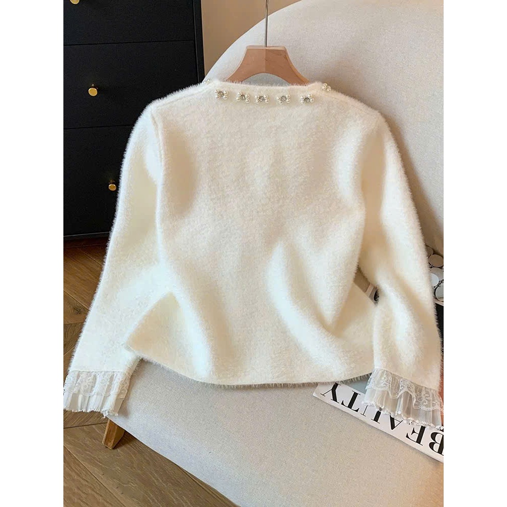 [SẴN] Áo khoác cardigan len lông thỏ tay dài phối ren tiểu thư, Áo khoác len cài cúc có túi cổ tròn  - 128 | BigBuy360 - bigbuy360.vn