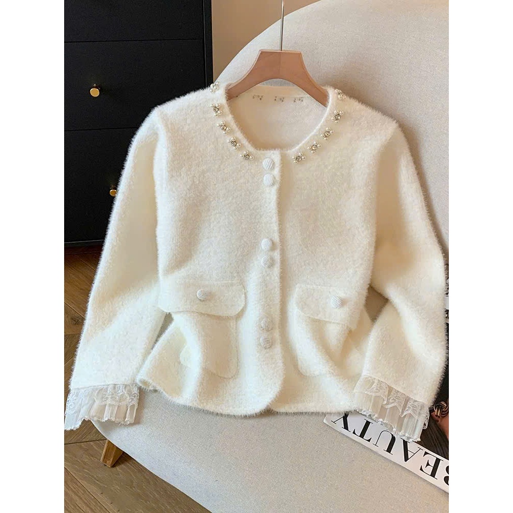 [SẴN] Áo khoác cardigan len lông thỏ tay dài phối ren tiểu thư, Áo khoác len cài cúc có túi cổ tròn  - 128 | BigBuy360 - bigbuy360.vn