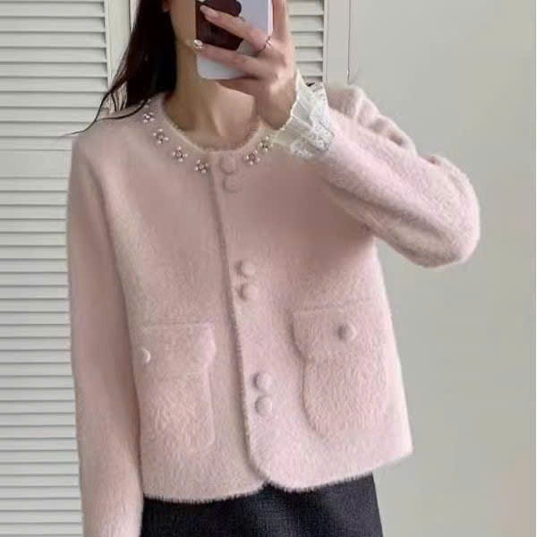 [SẴN] Áo khoác cardigan len lông thỏ tay dài phối ren tiểu thư, Áo khoác len cài cúc có túi cổ tròn  - 128 | BigBuy360 - bigbuy360.vn