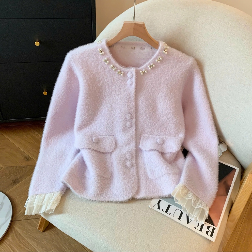 [SẴN] Áo khoác cardigan len lông thỏ tay dài phối ren tiểu thư, Áo khoác len cài cúc có túi cổ tròn  - 128 | BigBuy360 - bigbuy360.vn