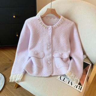   SẴN  Áo khoác cardigan len lông thỏ tay dài phối ren tiểu thư Áo khoác len cài cúc có túi cổ tròn  - 128 