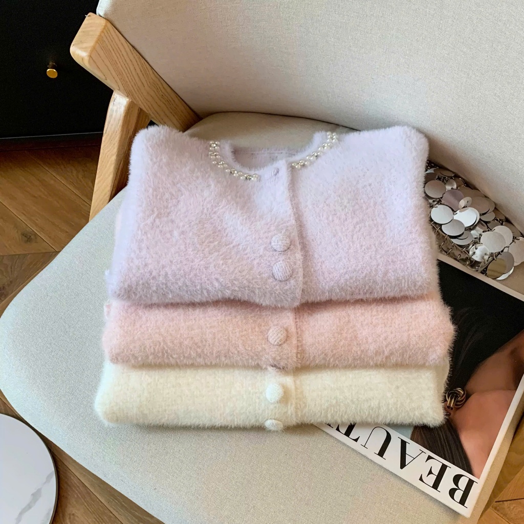 [SẴN] Áo khoác cardigan len lông thỏ tay dài phối ren tiểu thư, Áo khoác len cài cúc có túi cổ tròn  - 128 | BigBuy360 - bigbuy360.vn