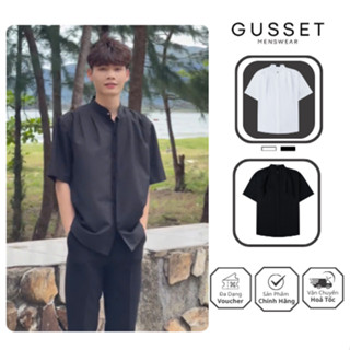 Áo Sơ Mi Nam Cổ Tàu Ngắn Tay GUSSET SCT03 Cổ Xếp Ly Form Rộng Vải Lụa Hàn Phong Cách Retro 