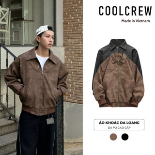 Áo Khoác Da Loang COOLCREW Unisex Cổ Bẻ Khóa Kéo Phong Cách Retro Đường Phố