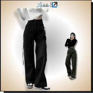  Quần kaki túi hộp dây rút eo form dài unisex cargo pants ống suông kiểu cạp lưng cao LCH 