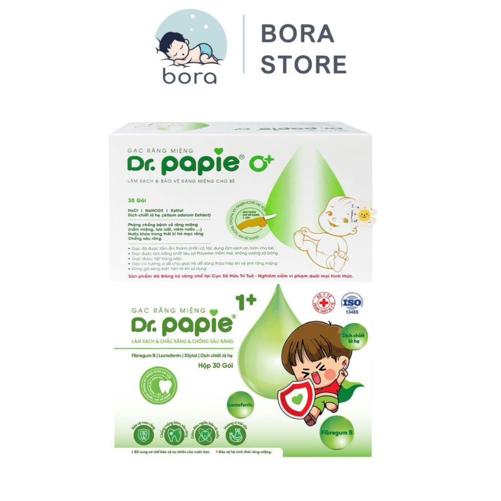 Gạc rơ lưỡi Dr Papie chiết xuất lá hẹ làm sạch răng, lưỡi, nướu và khoang miệng cho bé [Hộp 30 gói]