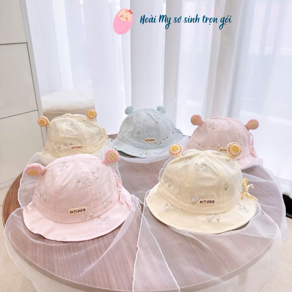 [A56 loại đẹp] Mũ bèo sơ sinh kèm khăn voan cho bé gái 0-14 tháng