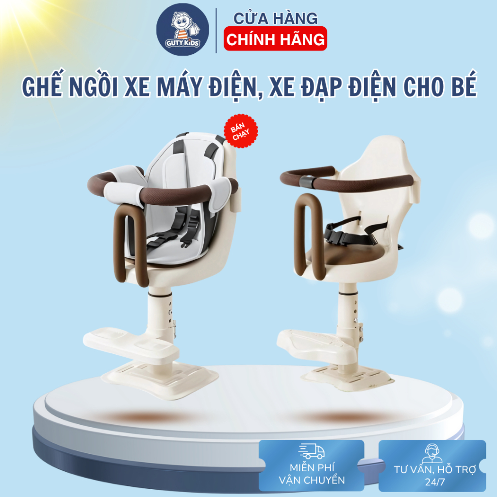 [Ghế Ngồi Xe Máy Điện] Ghế Xe Đạp Điện Cho Bé GutyKids Xoay 360° Có Đai An Toàn, Lò Xo Êm, Điều Chỉnh Chiều Cao, An Toàn