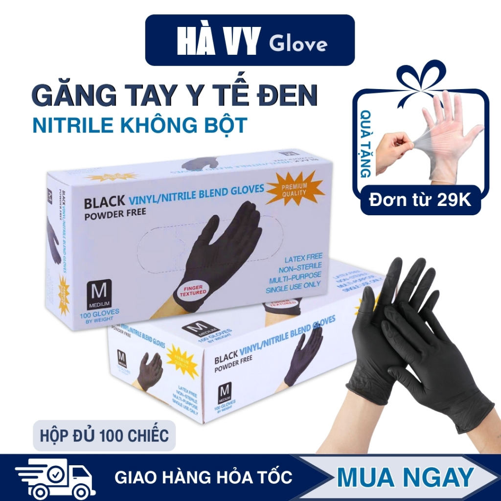 Găng Tay Y Tế Đen Không Bột - Hộp 100 Chiếc - Bao Tay Cao Su Đen Nhám Chống Hóa Chất, Siêu Dai & An Toàn Cho Da