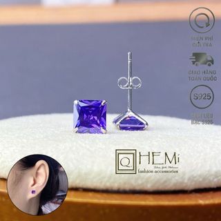  Khuyên tai bạc nụ Vuông Tím Coban | Bạc S925 | Size 7mm | Đá Zircon-Cz 5A| Hemi Jewerly Giá 1 chiếc  