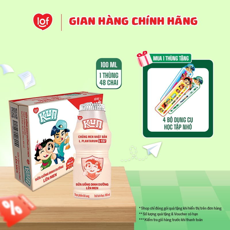 Sữa chua uống KUN dinh dưỡng lên men có đường thùng 48 chai x 100ml