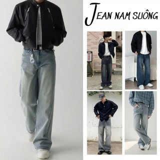  Quần Jean Nam Ống Rộng Teefa - Dáng Suông Lưng Cao Chất Bò Co Giãn Màu Wash Phong Cách Retro 