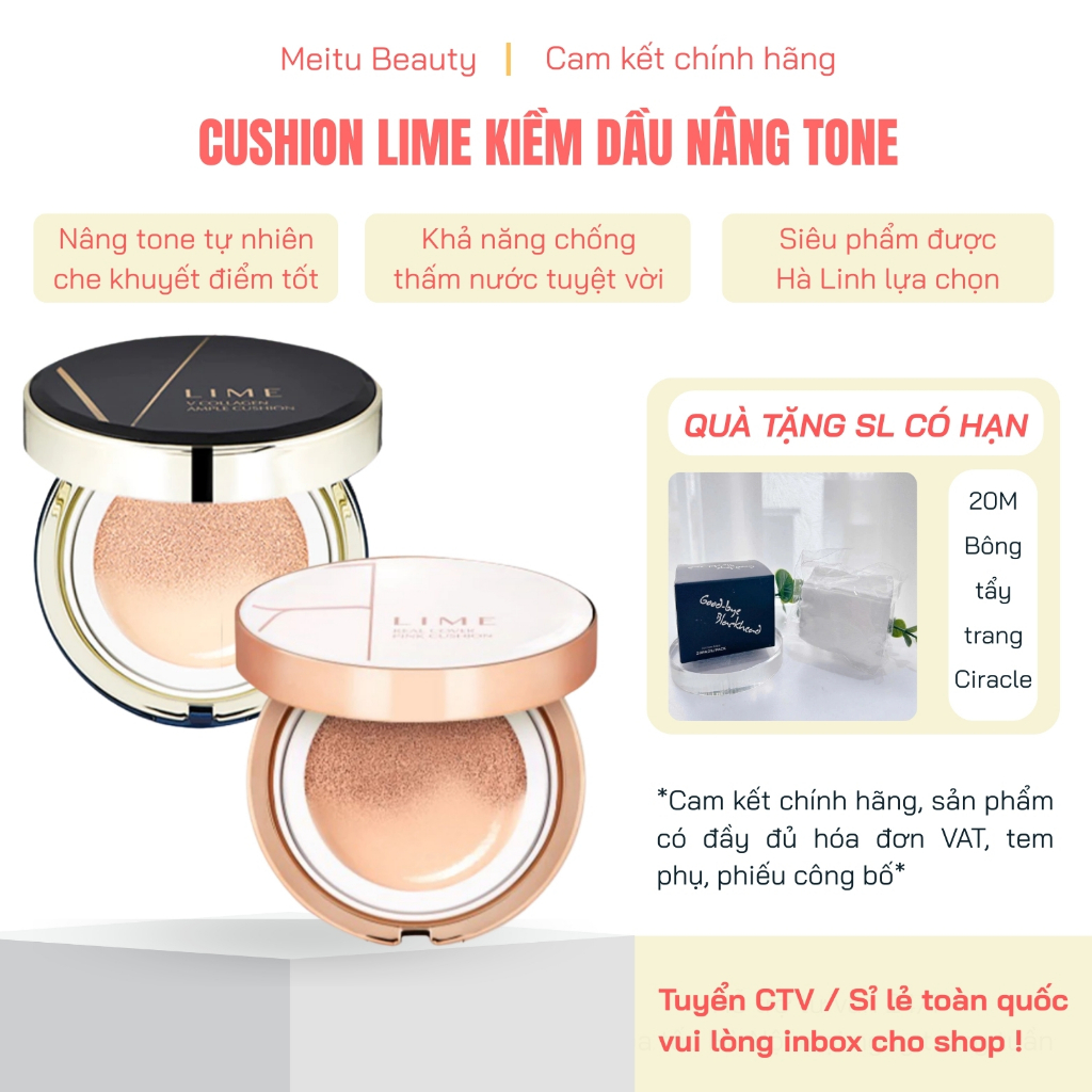 Cushion Lime Hàn hàng c.ty có VAT, Phấn nước Lime Hàn Quốc kiềm dầu chống nắng SPF 50+, Meitu Beauty