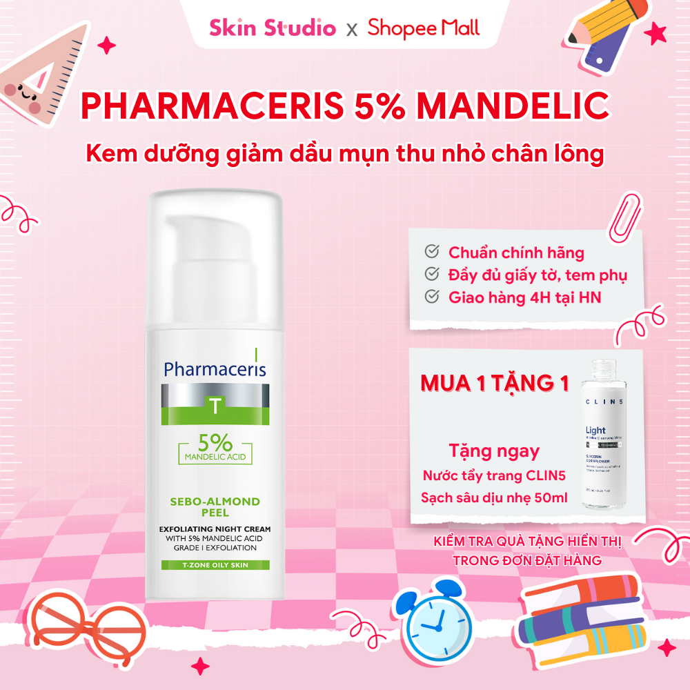 Kem dưỡng cho da dầu mụn kiểm soát nhờn PHARMACERIS 5% Mandelic Sebo Almond Peel 50ML - Skin Studio