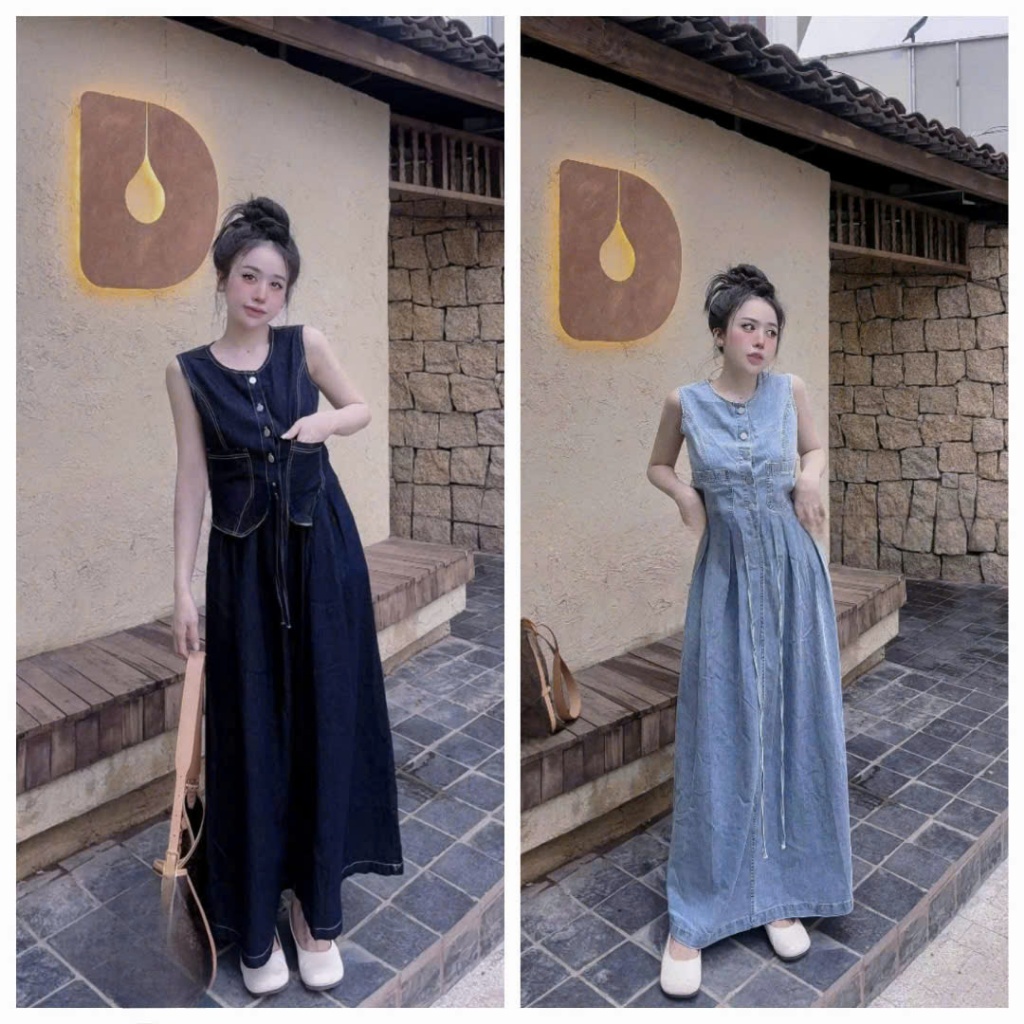 Đầm jean dài - Set váy chất jean 2 màu cá tính, áo gile cài cúc sát tay có túi 2 bên phối chân váy d