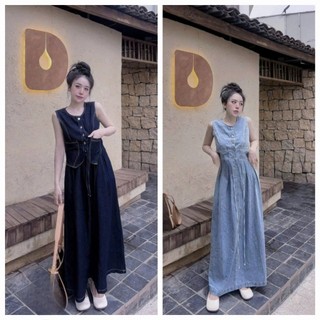  Set váy chất jean 2 màu cá tính áo gile cài cúc sát tay có túi 2 bên phối chân váy dáng xòe dài rút dây KÈM ẢNH THẬT 