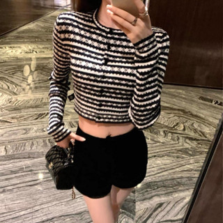   VIDEO THẬT  ̣SẴN Áo len cardigan sọc ngang đen trắng cổ tròn dáng ngắn cổ điển retro họa tiết dài tay sang trọng nVIDEO 