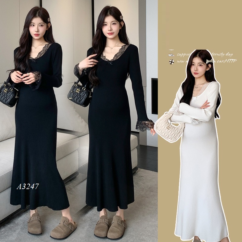 Váy len bầu cổ pha ren đuôi cá A3247