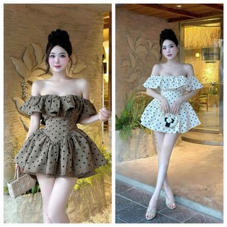  Đầm váy nữ chất cotton lạnh 2 màu bánh bèo đáng iu đầm trễ vai bèo dáng xòe ngắn họa tiết chấm bi có mút mocking sau 