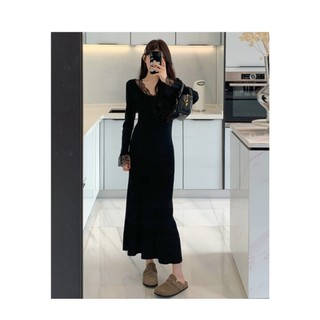 Váy len bầu cổ pha ren đuôi cá A3247