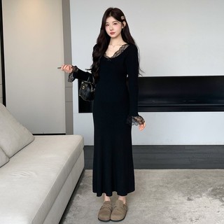 Váy len bầu cổ pha ren đuôi cá A3247