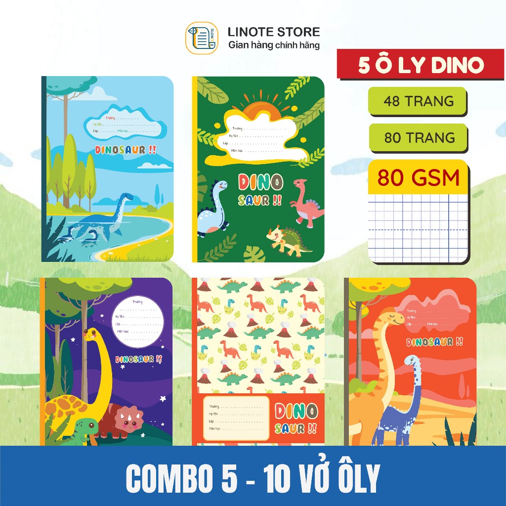 LINOTE [Combo 5-10 quyển] Vở 5 ô ly khủng long Dinosaurs, 48-80 trang, giấy 80gsm, KT 17x24cm, vở họ