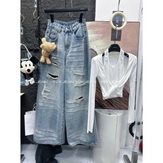   NẤM lùn-Kèm gấu  Quần Jean Suông trơn cạp cao màu Xanh phối rách có kèm gấu dài 90cm cho nấm lùn 1m40 size xxs size xs 