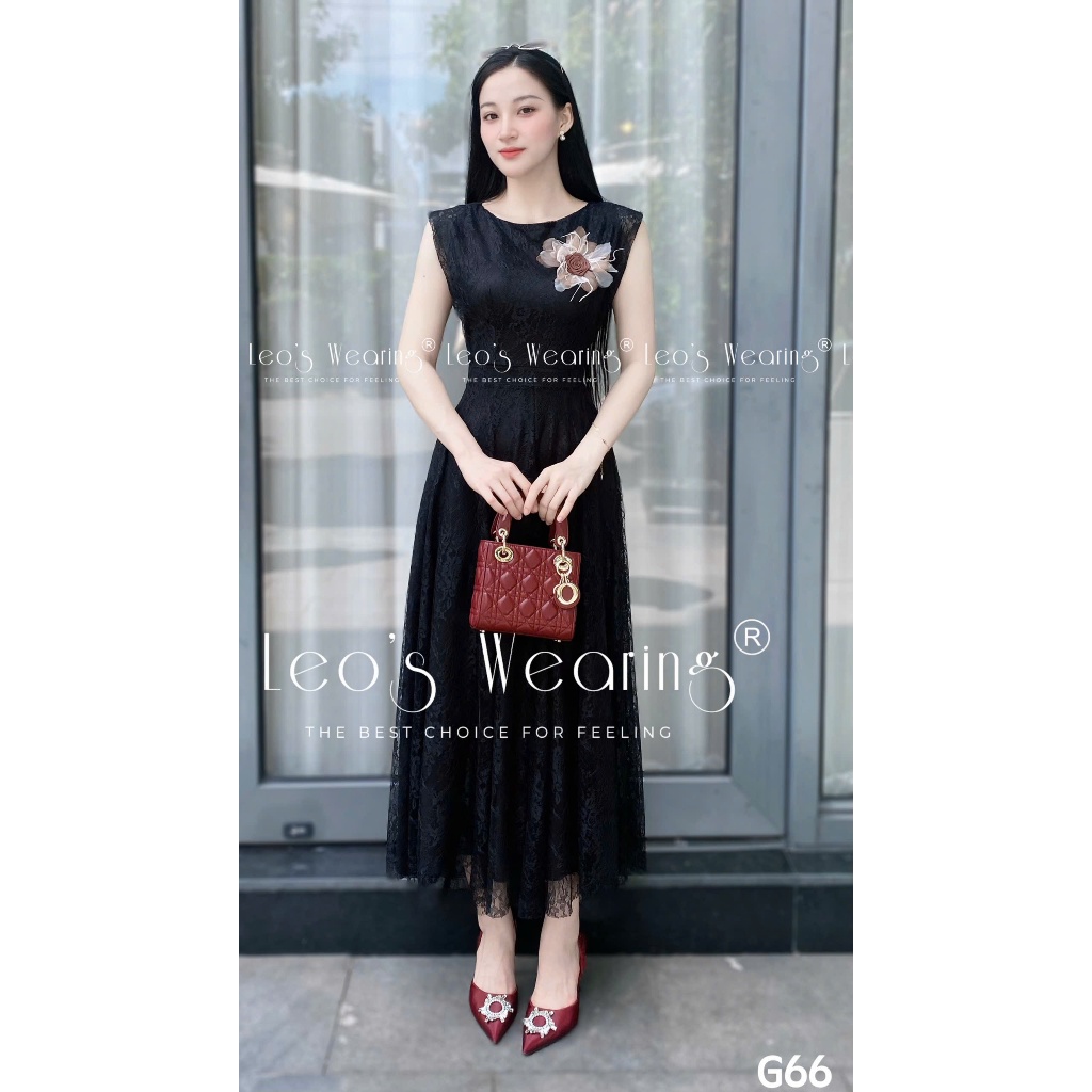 G66 LEOSWEARING Đầm nữ tay cánh dơi cổ tròn đính hoa ren đen