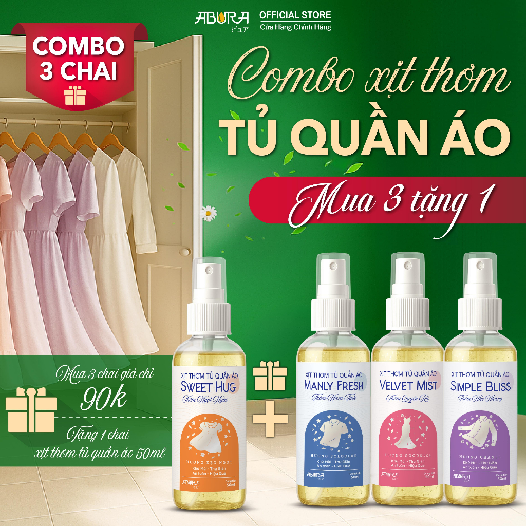 [DEAL SIÊU HỜI] Chai xịt thơm tủ quần áo 50ml ABURA hương nước hoa dịu nhẹ thơm mát lâu dài