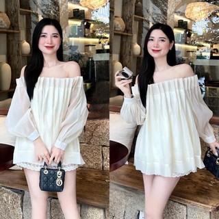  Set Váy Tơ Dập Ly Trễ Vai Dài Tay Mix Chân Váy Cùng Tone Viền Ren Bo Chun Hàng 2 Lớp Siêu Xịn - Ảnh Lollaye 