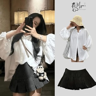 [Voucher 20k] Set áo sơ mi tay bồng chất đũi cổ tàu mix chân váy kẻ xếp ly xòe bồng Myna Clothings