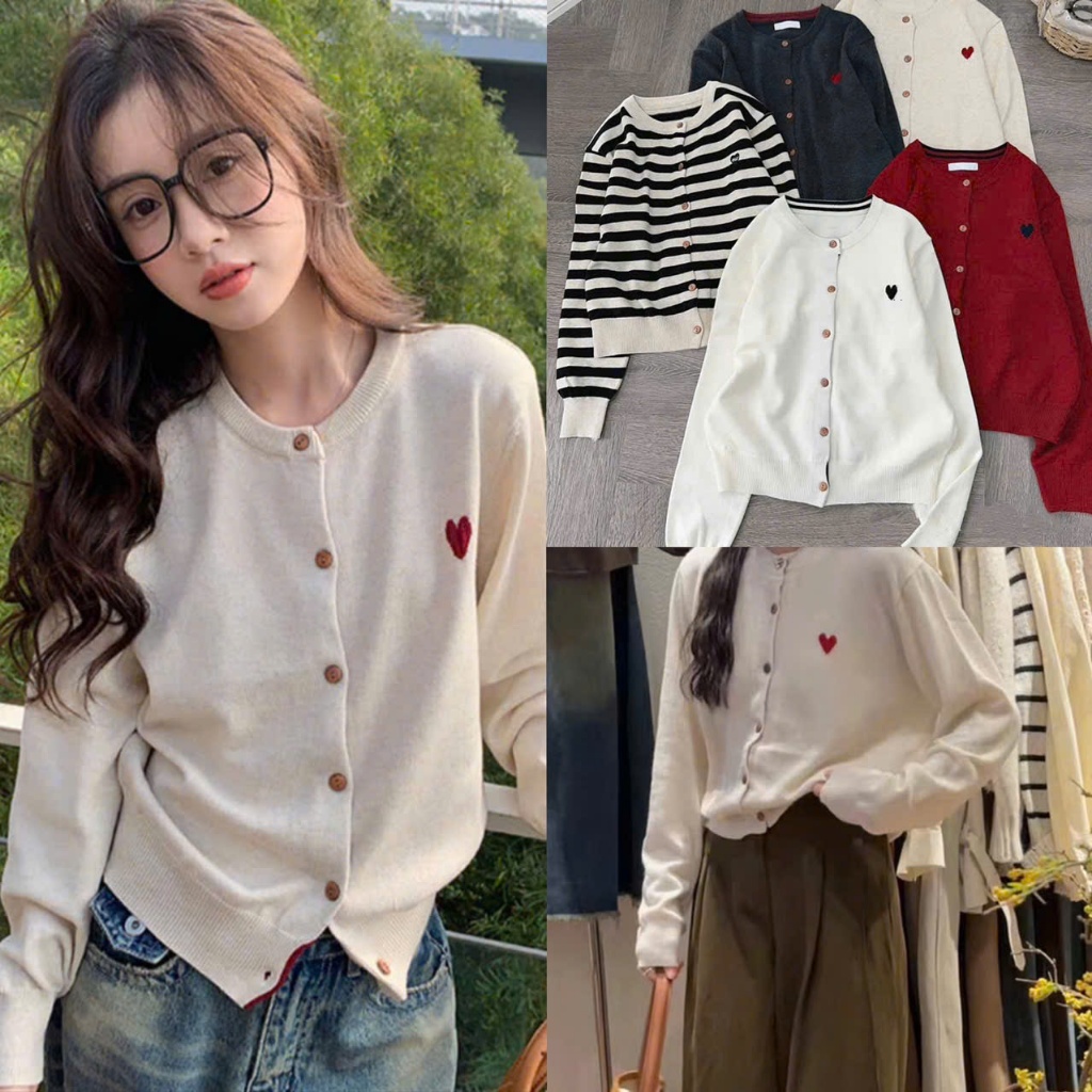 (Hàng Shop): Áo Len Cadigan Cổ Tròn Dài Tay Thêu Tim Thiết Kế 5 Màu Bắt Mắt Phong Cách Hàn Quốc Chuẩ