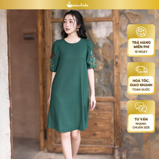SWANLAKE | Váy Đầm Nữ Suông Cổ Tròn Thêu Hoa Tay Bí Lỡ Vải Linen Thanh Lịch Công Sở Có Túi D12013
