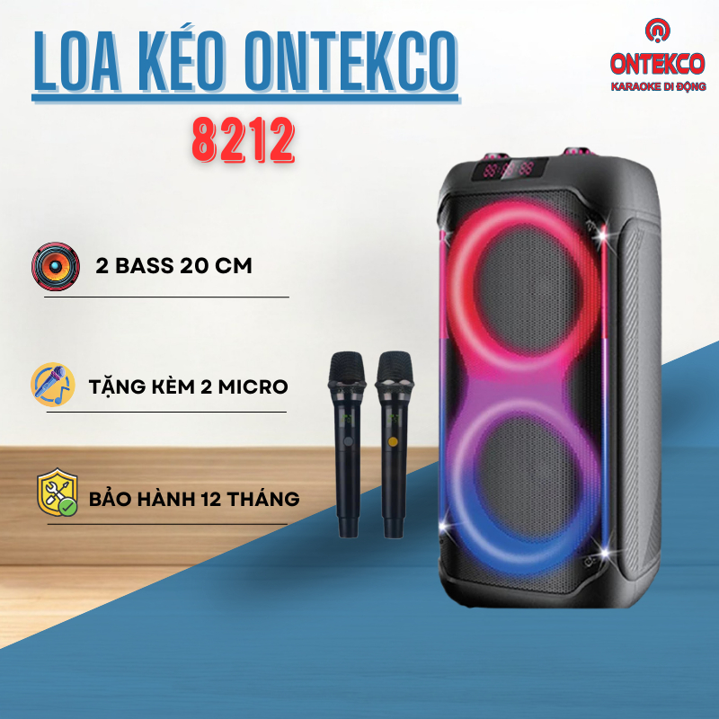 Loa Kéo Karaoke  Ontekco 8212 Đèn Led 2 Bass 20 Tặng Kèm 2 Micro Hát Karaoke Chuyên Nghiệp