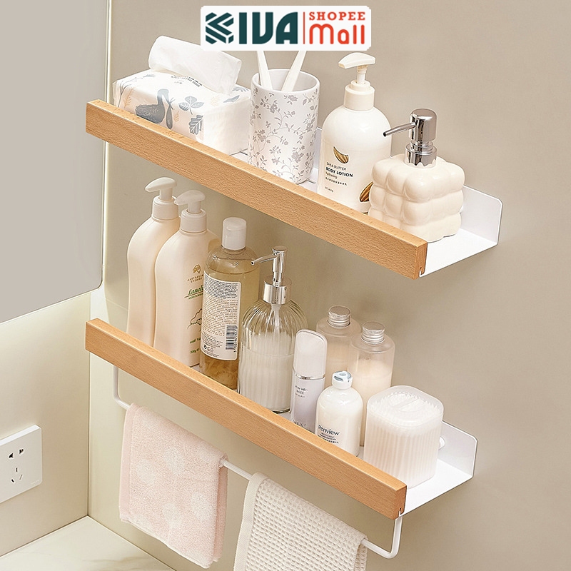Giá kệ treo, để đồ nhà tắm KIVA, chất liệu gỗ cao cấp, lắp đặt dán, khoan tường