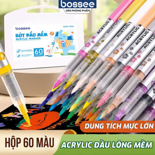   HỌA CỤ BOSSEE  Bút Màu Acrylic Marker Roller Đầu Lông Mềm - 24 36 48 60 Màu Vẽ Trên Mọi Chất Liệu Bullet Journal 