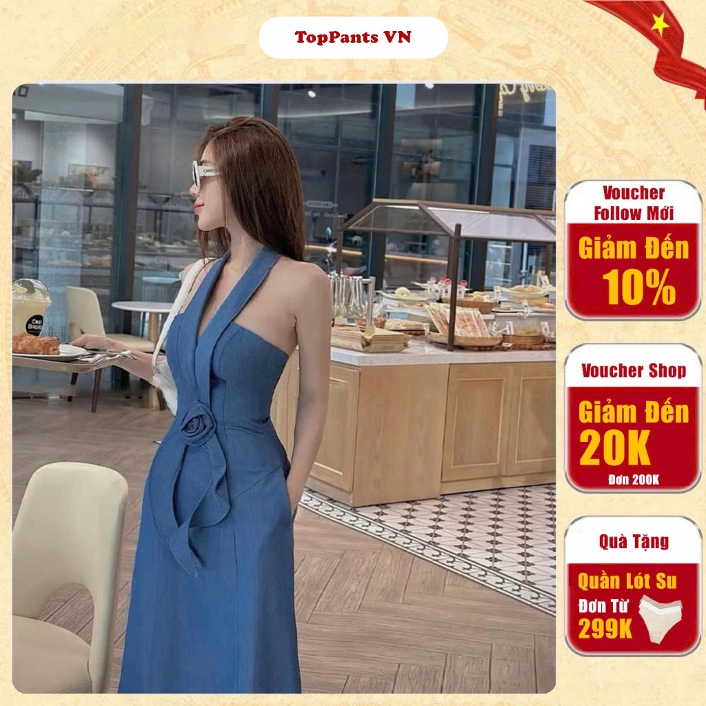 Váy Denim Cổ Yếm Dáng Dài , Đầm Yếm Jean , Đầm Jean Dáng Xòe Dự Tiệc TopPants_T482