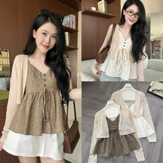 Áo 2 dây cổ V kèm cardigan thun len mỏng Nữ the.sweaterweather TSW