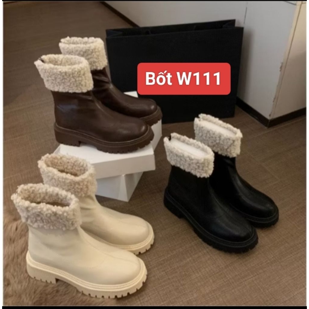 Bốt Da Nữ Cổ Lửng Phối Lông W111 Đế Răng Cưa 2 màu Đen, Kem Sang Chảnh HOTTREND 2025( FULL BOX ) !