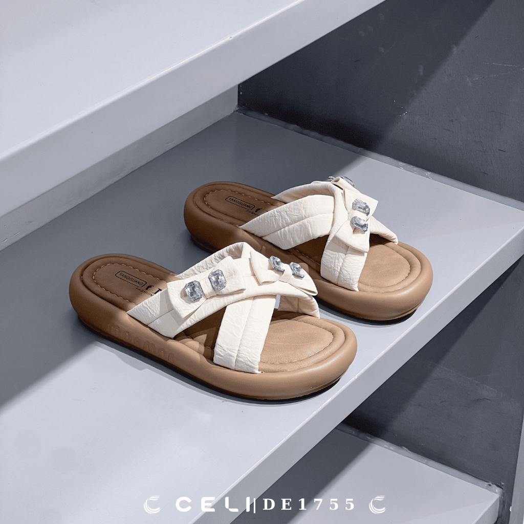 Dép quai ngang nữ đế bệt CELI SHOES dép đi biển da lì đế cao su 3cm - DE1755