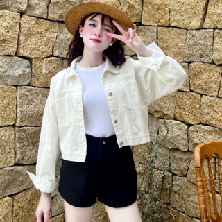 TIENSTYLE _ Áo khoác jean nữ hai túi crotop phom lửng vừa, Áo khoác bò dành cho nữ túi trơn nhiều màu, ống tay rộng cáới