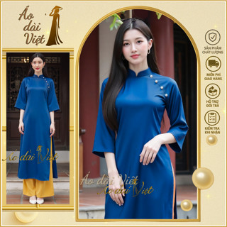 Áo dài cách tân dáng suông lụa cao cấp màu xanh cổ vịt đính ngọc nữ đi làm lễ chùa tết chụp ảnh