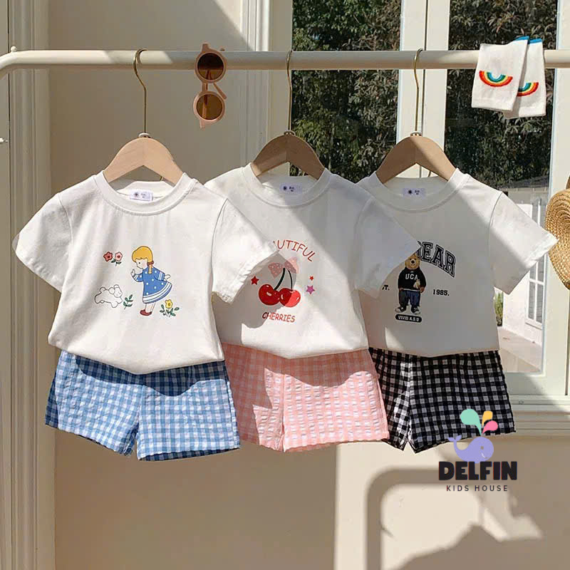 Bộ đồ Ngắn bé gái, bé trai quần đùi Delfinkids, bộ trẻ em quần đùi kẻ caro đũi áo thun Cotton 100% c