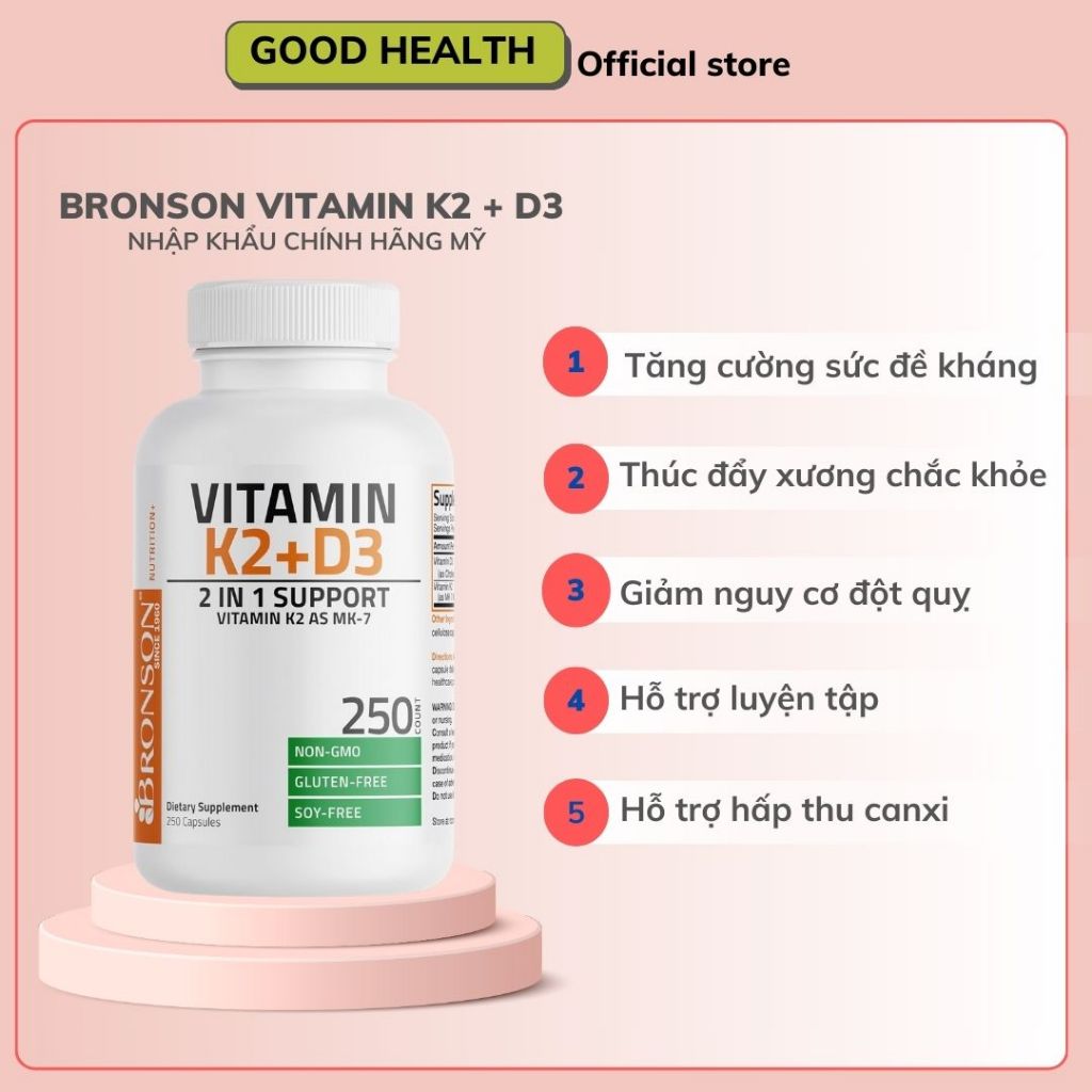 Bronson Vitamin K2 + D3 - Viên uống hỗ trợ sức khỏe xương khớp, tăng sức đề kháng, bảo vệ tim mạch