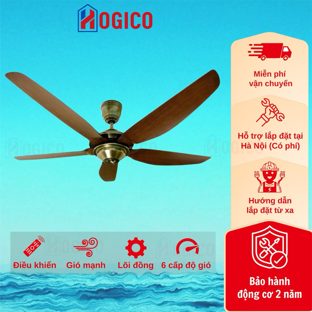 Quạt trần HÀNG LOẠI 1, không đèn, 5 cánh nhựa vân gỗ, Động cơ DC lõi đồng siêu êm, siêu mát 904